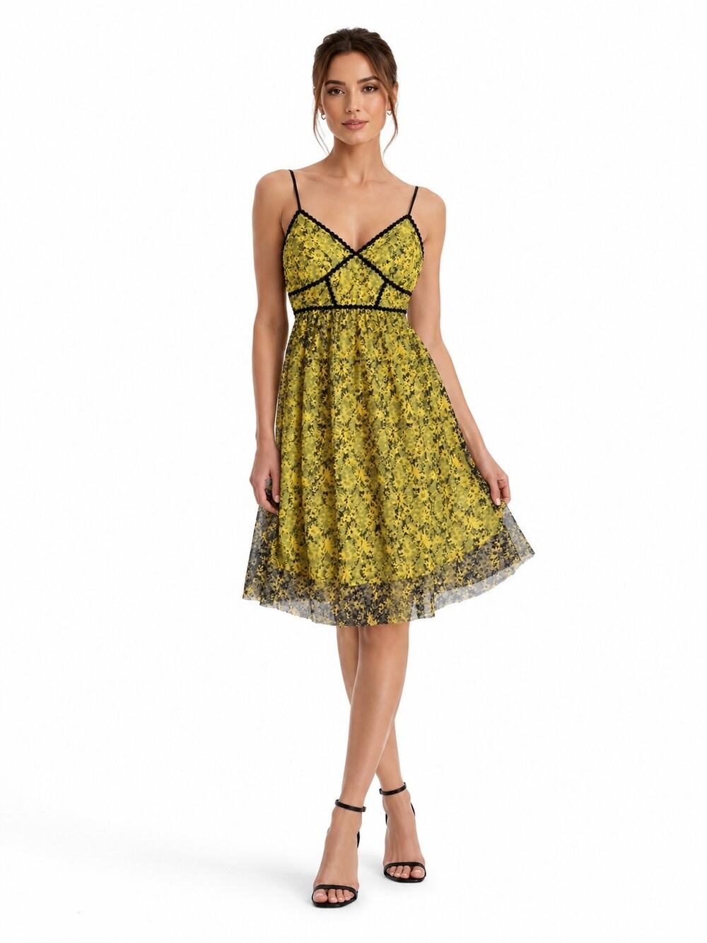 Aqua Women's Yellow Black Mesh Lace Overlay Fit & Flare Midi Dress Size S